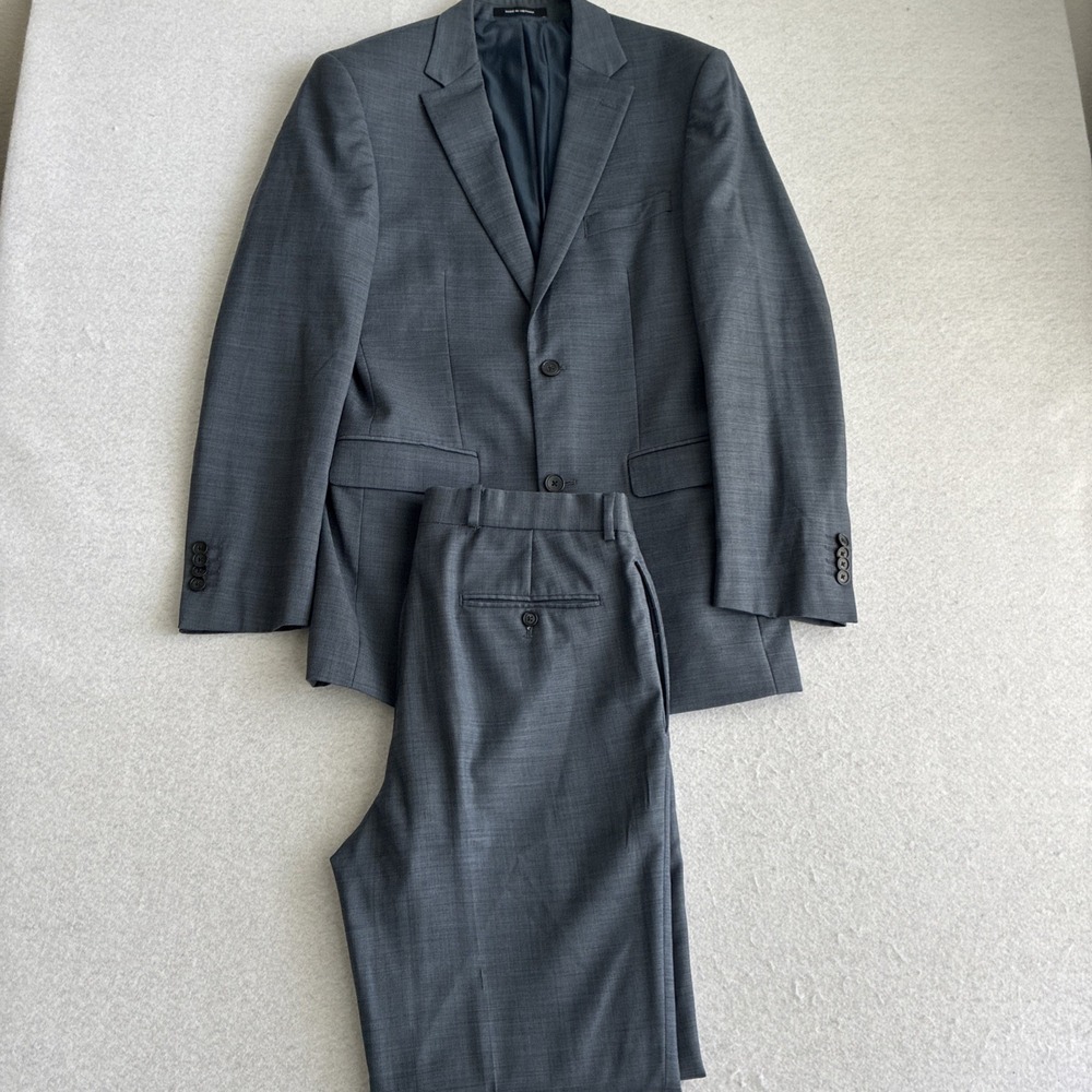 Kenneth Cole Awearness 38L 32x32 Blue Full 2 Piece Suit Solid Wool Blend Modern